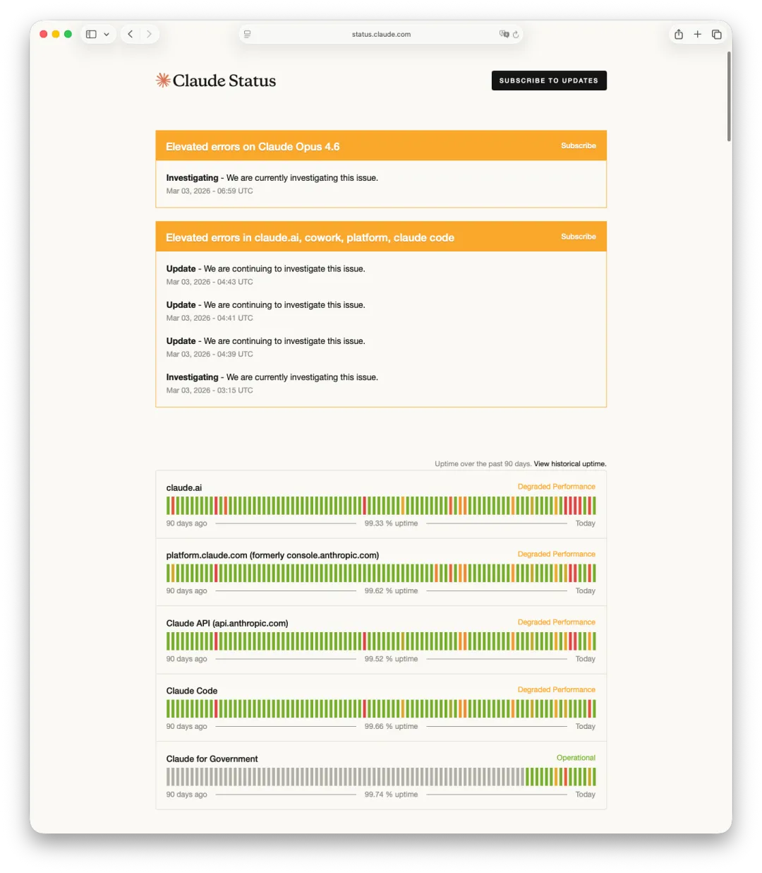 Claude 故障期间的状态页截图
